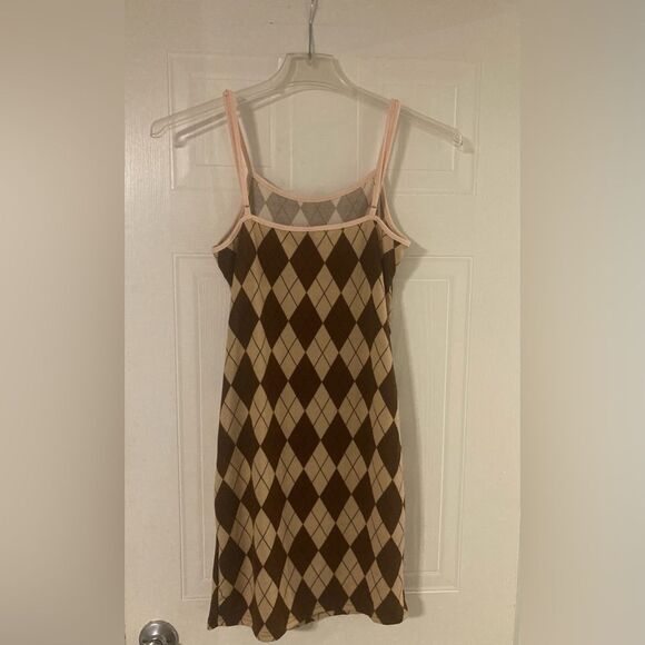 SHEIN Halter Brown Argyle Mini Dress Adjustable Straps Size L 8/10 - Picture 5 of 10